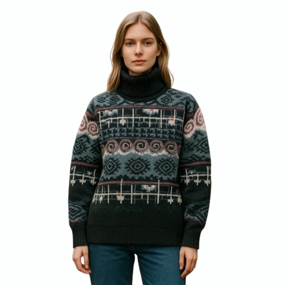 Vintage Via Spina Italian Knit Turtleneck Sweater 1X Bold Abstract Pattern